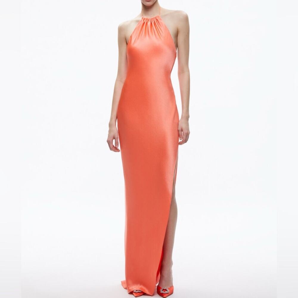 Alice + Olivia Zumi Open Back Halter Maxi Dress Coral Sunset Women’s Sz 12